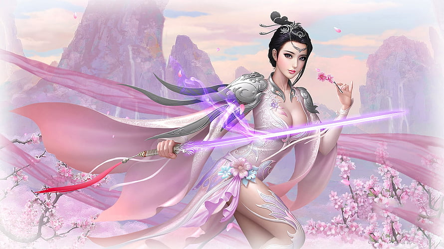 Elegant Fantasy Woman Wielding Glowing Sword Amidst Cherry Blossoms and Misty Mountains, Pastels, pastel, art, , girl, woman, pink, digital, fantasy, pretty HD wallpaper