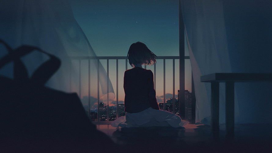 Anime Girl Sitting on Balcony at Dusk with City Skyline and Soft Curtains HD wallpaper