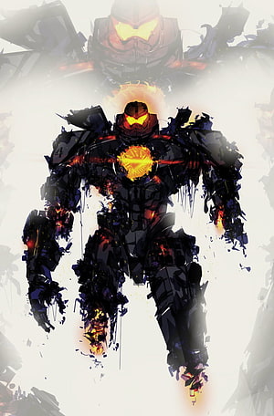 Gipsy Danger Kaiju Hunter Mecha Concept Art with Glowing Core and Fragmented Armor HD phone wallpaper
