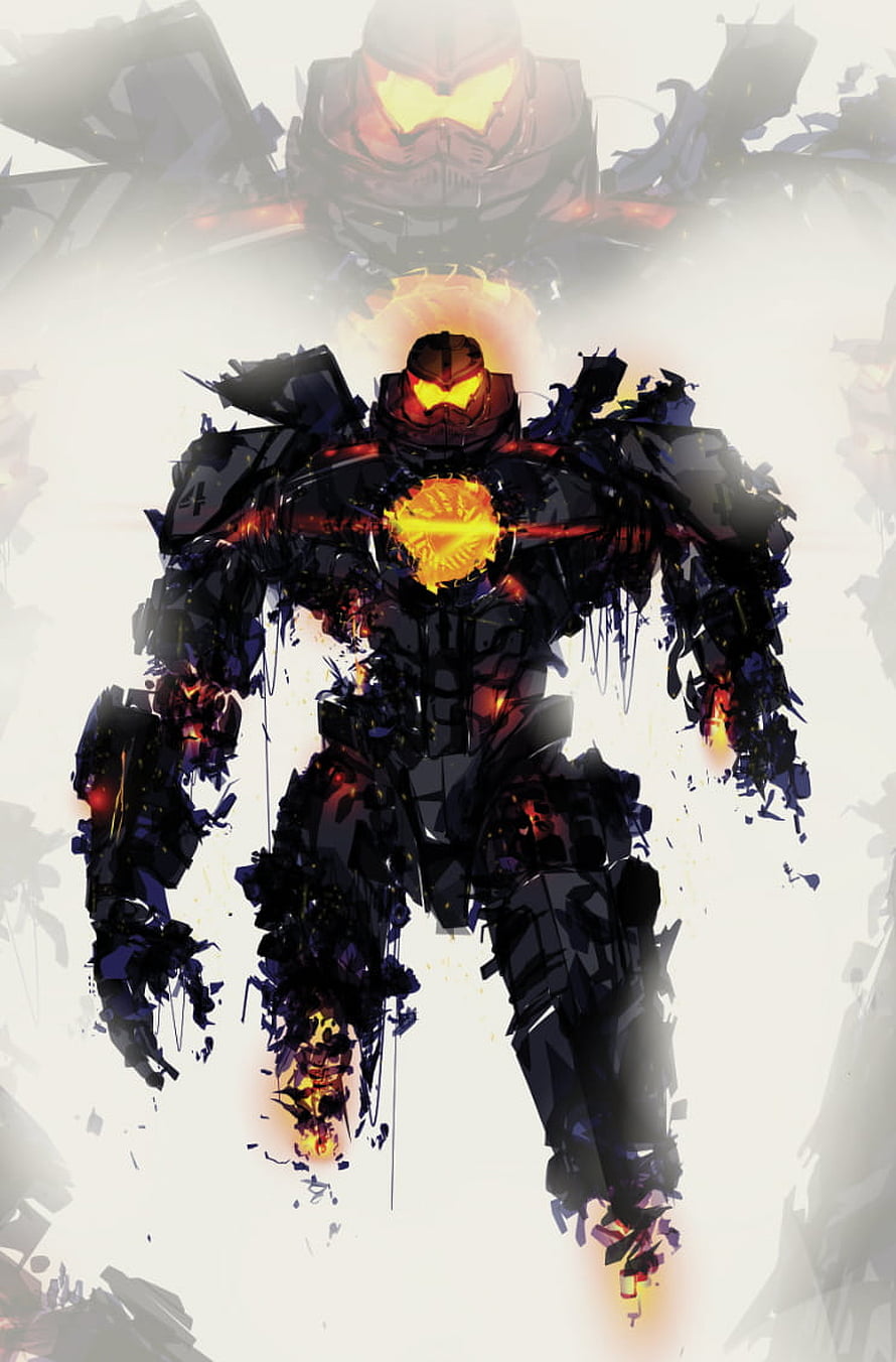 Gipsy Danger Kaiju Hunter Mecha Concept Art with Glowing Core and Fragmented Armor HD phone wallpaper