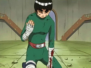 Rock Lee from Naruto kneeling in a damaged arena with bandaged arms and a determined expression HD wallpaper