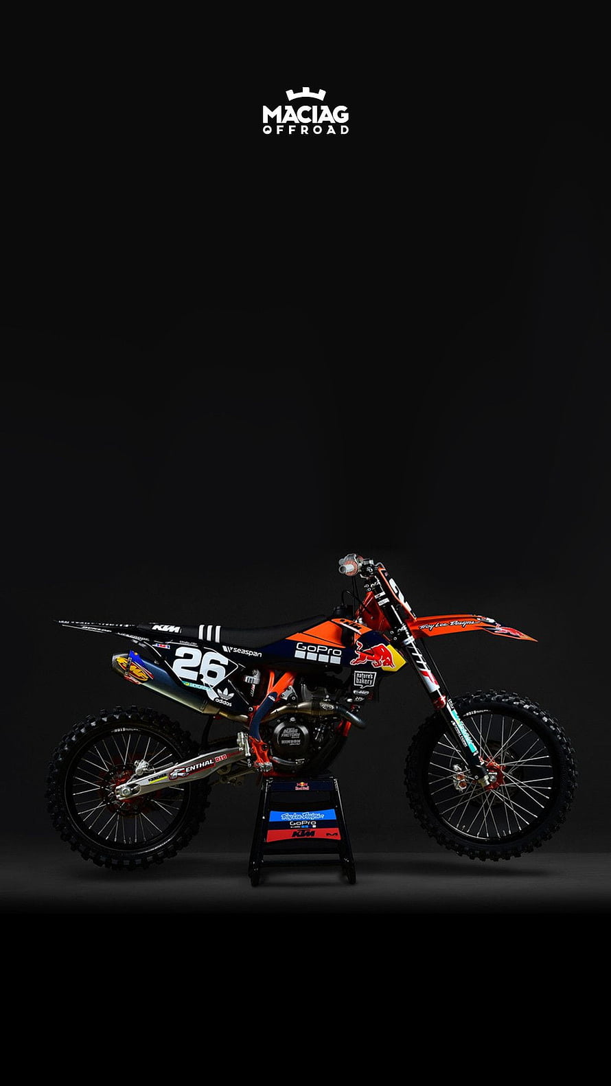KTM Red Bull Factory Motocross Bike on Stand with Number 26 HD phone wallpaper