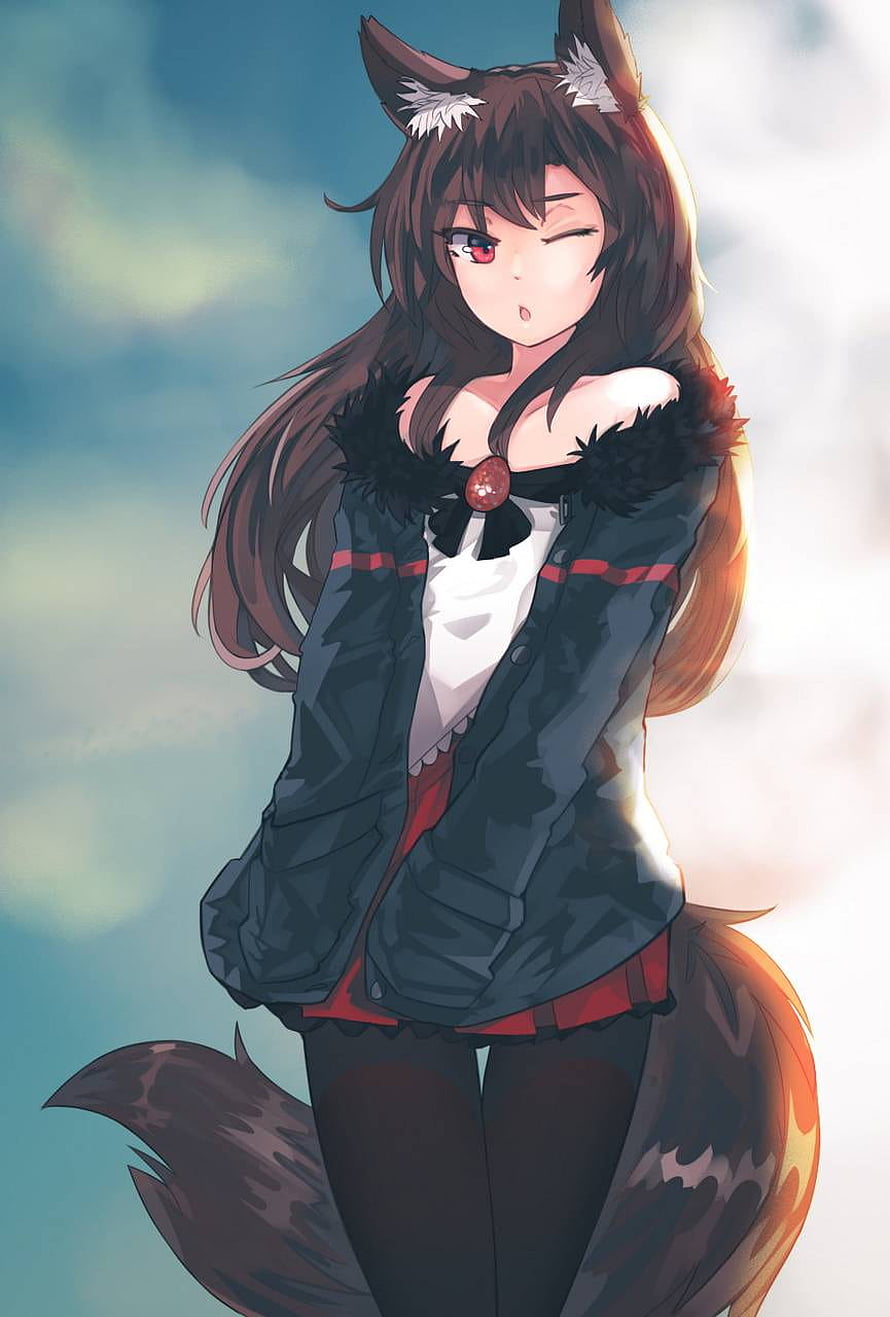 Anime Wolf Girl Winking in a Dark Jacket Against a Soft Sky HD phone wallpaper
