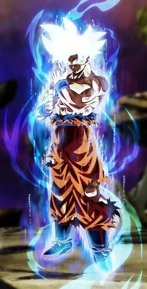 Goku Mastered Ultra Instinct Form with Blue Aura and Spiky White Hair HD phone wallpaper