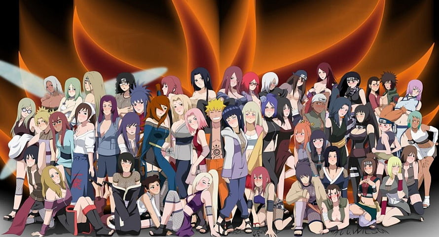 Naruto Shippuden Female Ninja Group Portrait with Fiery Orange Background HD wallpaper