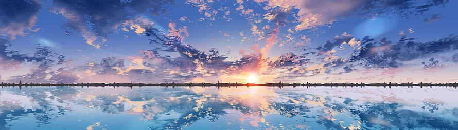 Anime Style Panoramic Sunset Over Calm Water With Dramatic Cloud Reflections HD wallpaper