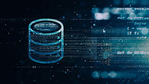 Glowing Database Cylinder with Floating Code and Digital Particles on Dark Background HD wallpaper