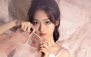Soft Portrait of a Young Woman Holding Floral Tulle Fabric, Asian Model, Women, Model, Asian, girl HD wallpaper