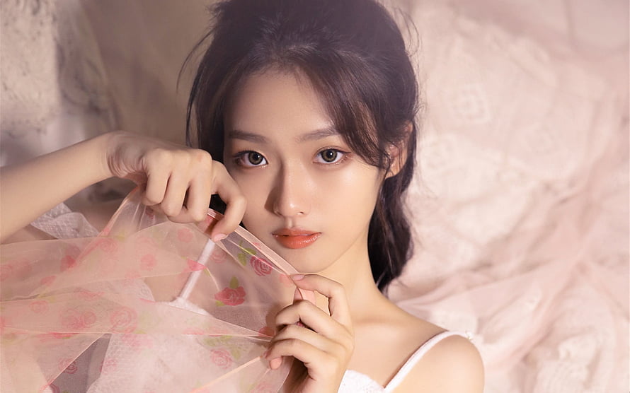 Soft Portrait of a Young Woman Holding Floral Tulle Fabric, Asian Model, Women, Model, Asian, girl HD wallpaper