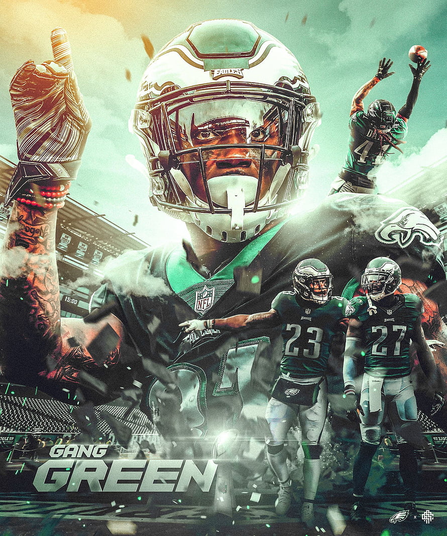 Philadelphia Eagles Football Team Artwork Featuring Players in Green and Silver Uniforms HD phone wallpaper