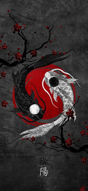 Yin Yang Koi Fish Artwork with Red Plum Blossoms and Traditional Asian Calligraphy HD phone wallpaper