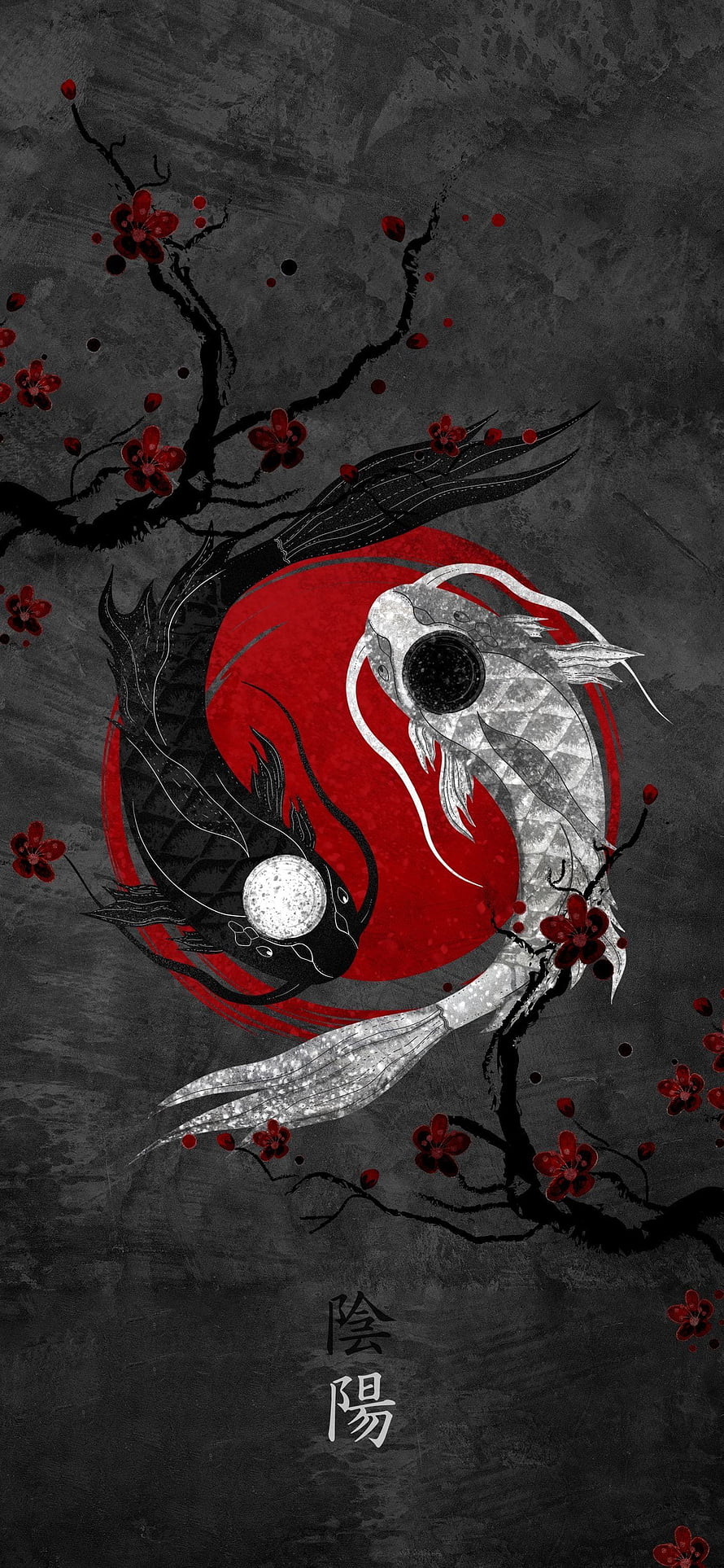 Yin Yang Koi Fish Artwork with Red Plum Blossoms and Traditional Asian Calligraphy HD phone wallpaper