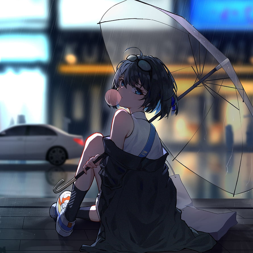 Anime Girl With Blue Hair Sitting In Rain With Transparent Umbrella HD phone wallpaper