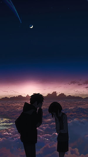 Kimi no Na wa Silhouetted Couple Gazing at Twilight Sky and Crescent Moon HD phone wallpaper