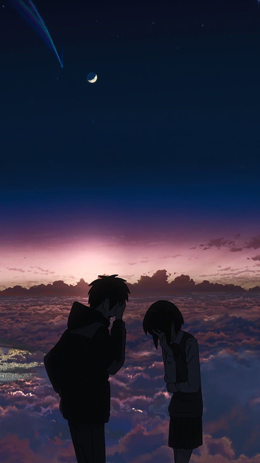 Kimi no Na wa Silhouetted Couple Gazing at Twilight Sky and Crescent Moon HD phone wallpaper