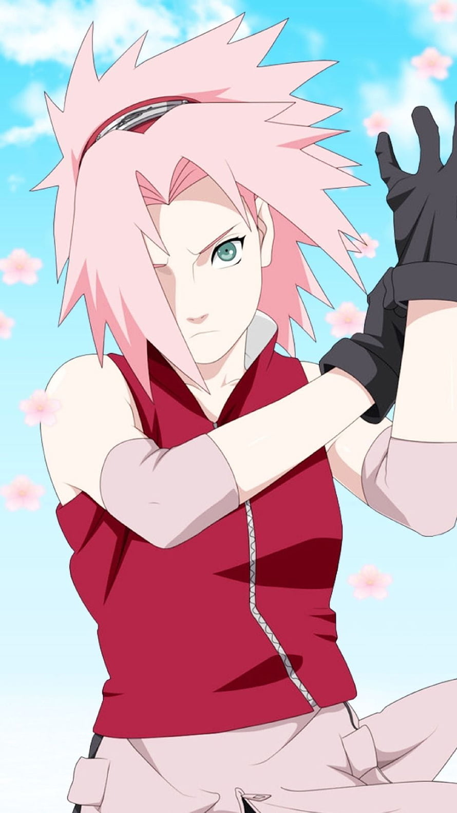 Sakura Haruno in Red Outfit with Cherry Blossoms from Naruto Shippuden Anime HD phone wallpaper