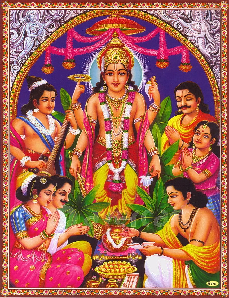 Lord Satyanarayana Swamy with devotees in traditional Indian temple painting HD phone wallpaper