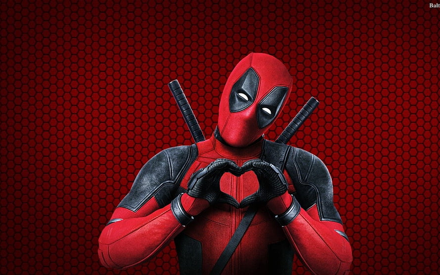 Deadpool Making a Heart Shape with Hands Against a Red Hexagonal Pattern Background HD wallpaper