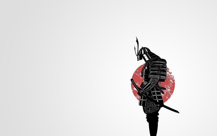 Minimalist Samurai Warrior Silhouette Against Red Sun and White Background HD wallpaper