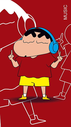 Shin-chan Wearing Blue Headphones in a Red and Yellow Outfit HD phone wallpaper