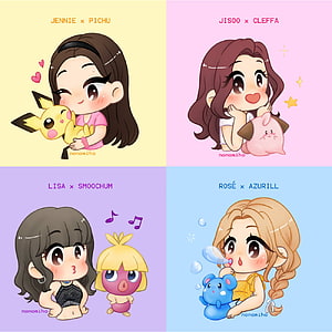 Blackpink Members Chibi Illustration with Pokemon Pichu Cleffa Smoochum and Azurill HD phone wallpaper