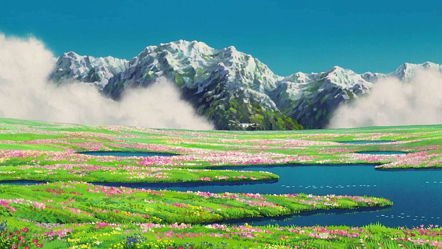Howl's Moving Castle Flower Field Landscape with Snowy Mountains and Mist HD wallpaper