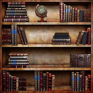 Vintage Antique Wooden Bookshelf with Leather Books and Globe HD phone wallpaper