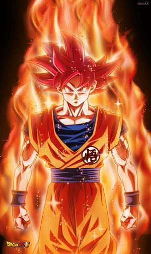 Goku Super Saiyan God Enveloped in Fiery Aura Dragon Ball Super Anime Artwork HD phone wallpaper