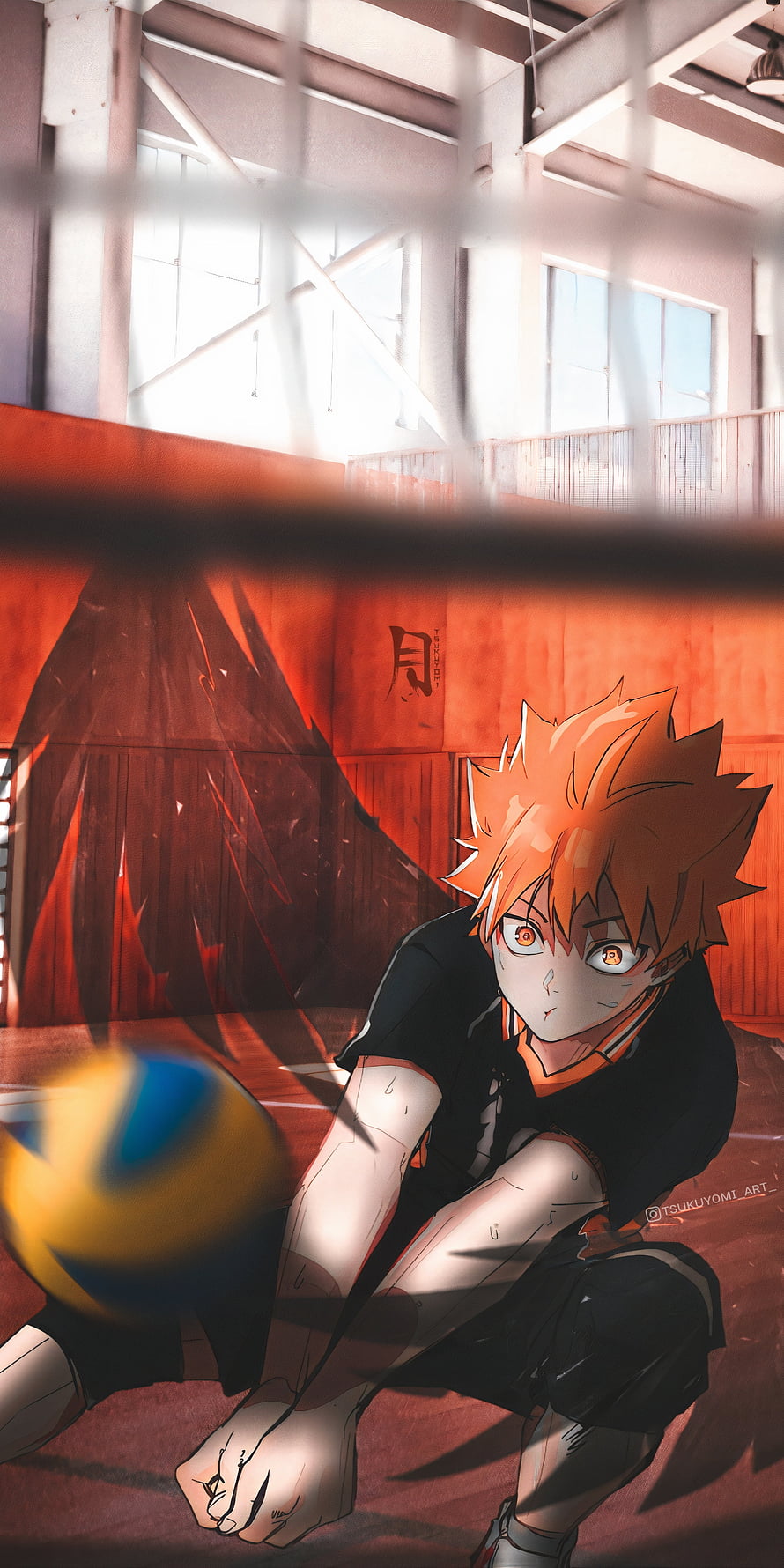 Hinata Shoyo from Haikyuu!! diving for a volleyball in a sunlit gymnasium anime wallpaper HD phone wallpaper