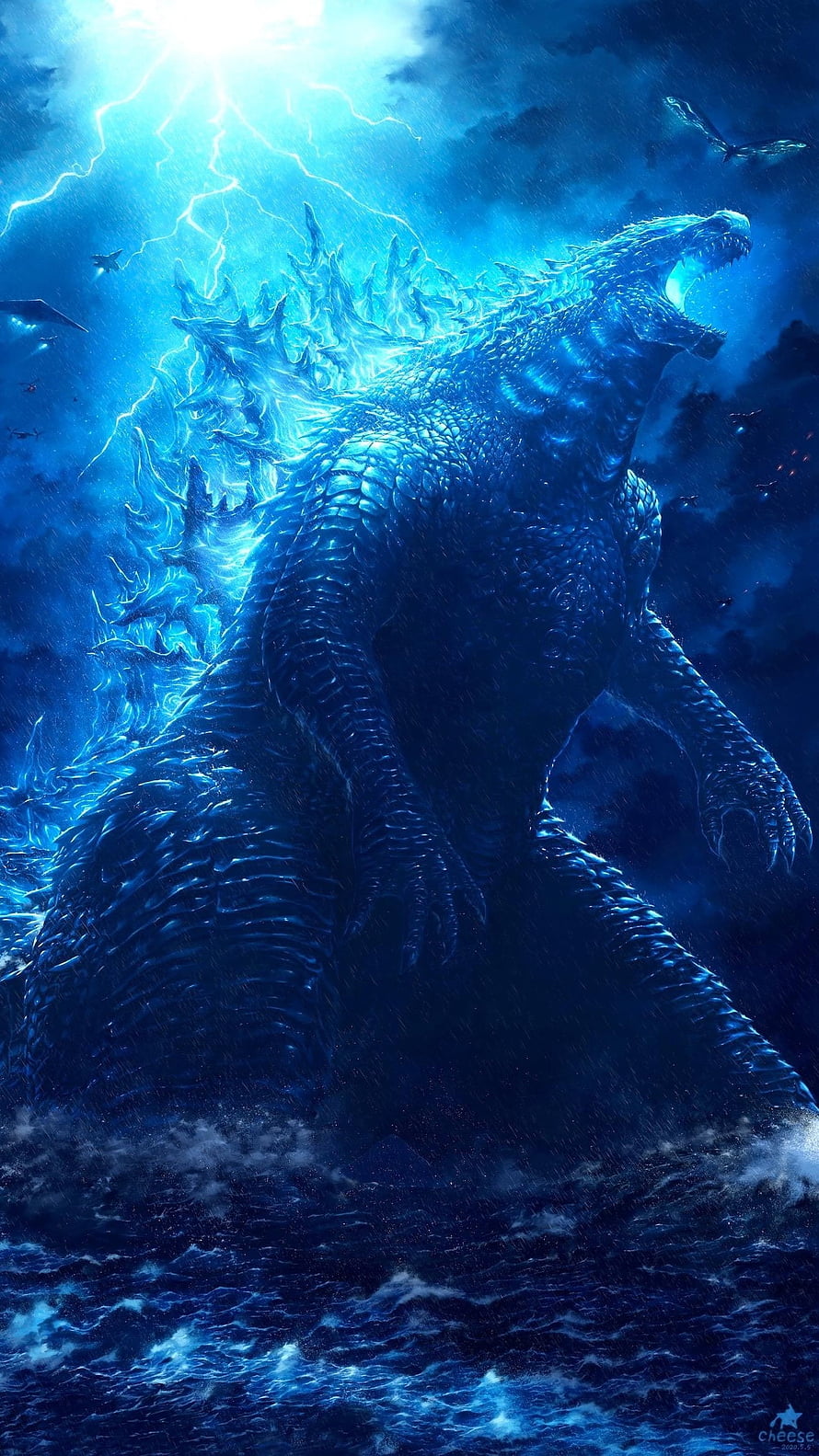 Godzilla Rising from the Ocean with Blue Atomic Breath and Lightning Storm HD phone wallpaper