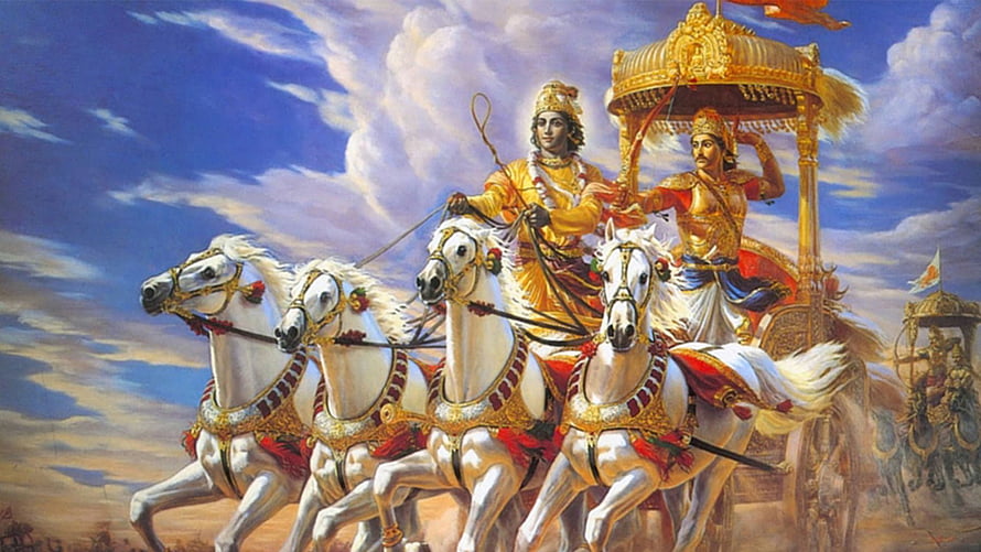 Arjuna and Krishna in the Chariot from the Mahabharata Epic HD wallpaper