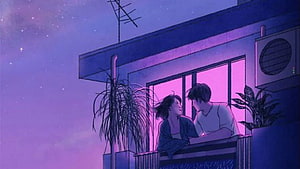 Romantic Anime Couple on Balcony at Night with Purple Sky, Your smile is my most favorite thing in this world. lofi hip hop. Cute couple art, Illustration, Aesthetic art, Lofi Couple HD wallpaper
