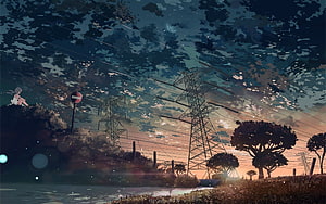 Anime Girl Sitting on Hill Near Power Lines at Sunset HD wallpaper