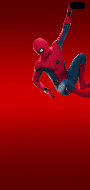 Spider-Man in Advanced Suit Leaping Against Red Background, Best Samsung Galaxy S10 Plus/ S10 to hide Camera HD phone wallpaper