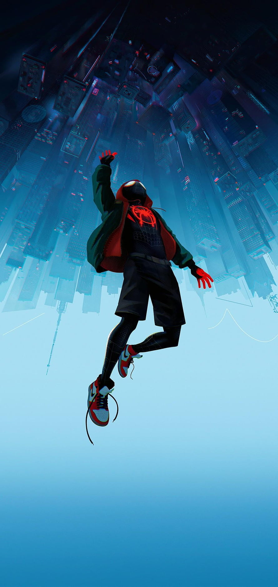 Miles Morales Spider-Man Falling Through Upside Down City Skyline, Middle Punch Hole, Punch Hole Center HD phone wallpaper