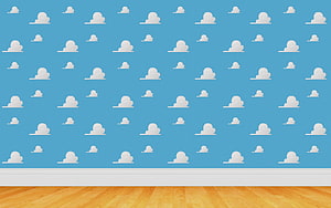Cute Cartoon Cloud Pattern Wallpaper on Blue Wall with Wooden Floor HD wallpaper