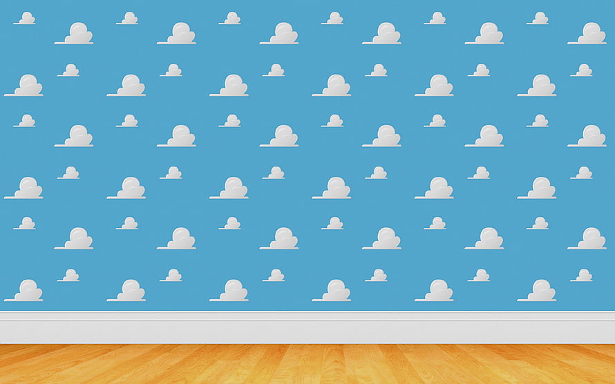 Cute Cartoon Cloud Pattern Wallpaper on Blue Wall with Wooden Floor HD wallpaper
