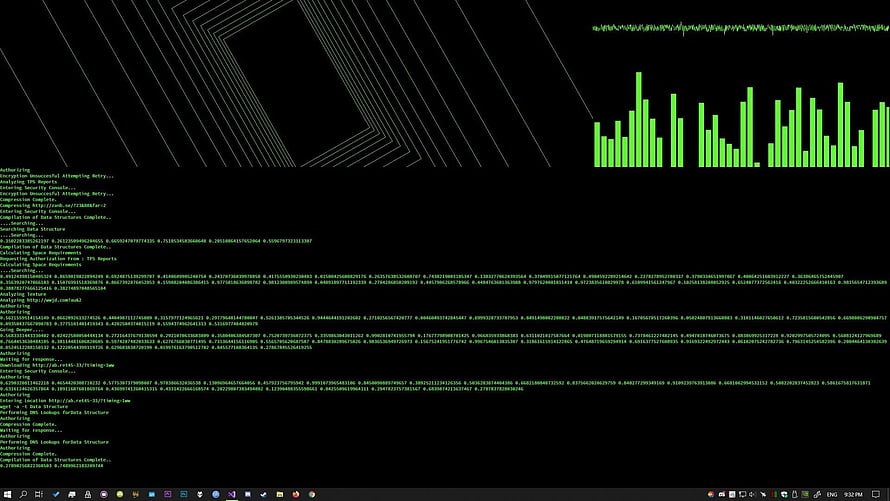 Dark Terminal Interface with Green Code and Data Visualization HD wallpaper