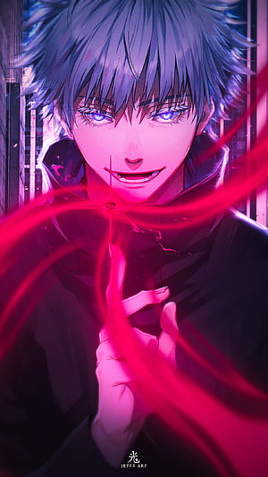 Gojo Satoru from Jujutsu Kaisen with glowing blue eyes and red energy tendrils in a neon-lit urban setting HD phone wallpaper