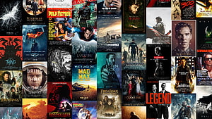 Collage of Famous Movie Posters Including Lord of the Rings, Pulp Fiction, and Mad Max Fury Road HD wallpaper