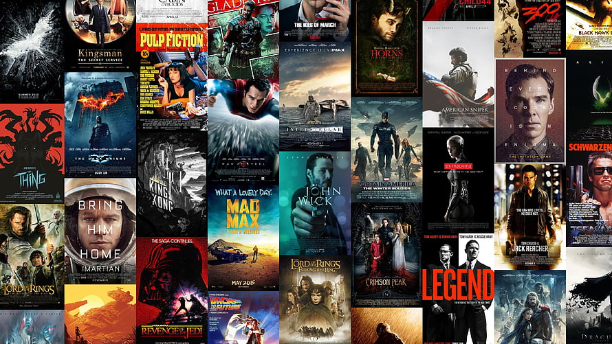Collage of Famous Movie Posters Including Lord of the Rings, Pulp Fiction, and Mad Max Fury Road HD wallpaper