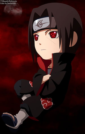 Chibi Itachi Uchiha from Naruto Wearing Akatsuki Cloak with Sharingan Eyes HD phone wallpaper