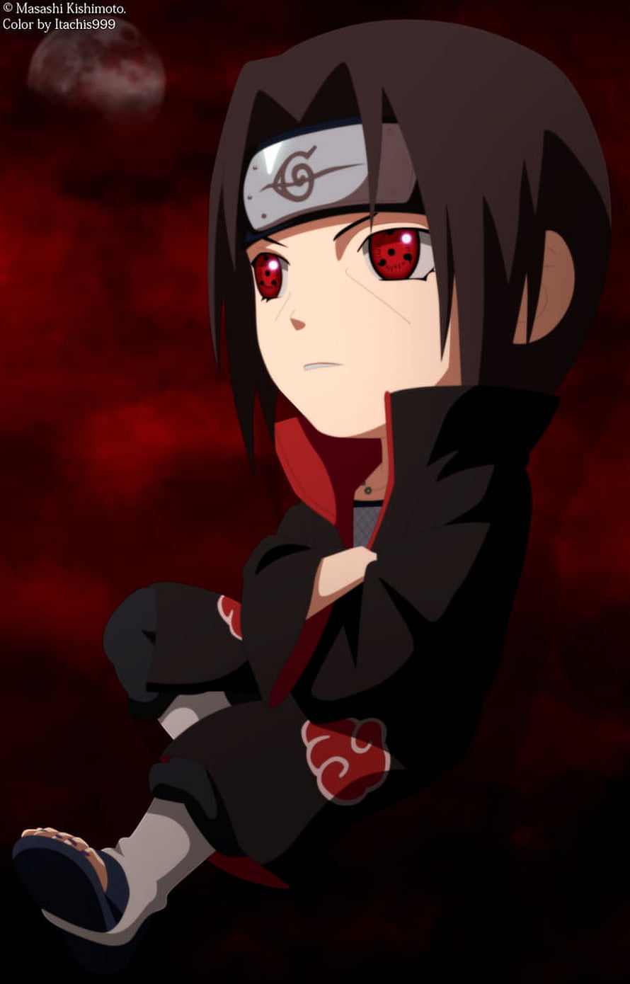 Chibi Itachi Uchiha from Naruto Wearing Akatsuki Cloak with Sharingan Eyes HD phone wallpaper