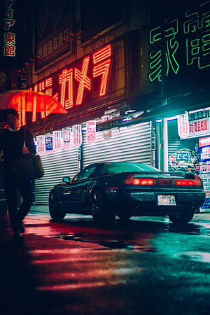 Honda NSX parked on a rainy Tokyo street at night with neon signs and a pedestrian with an umbrella HD phone wallpaper