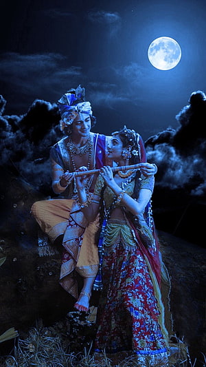 Radha and Krishna Playing Flute Together Under Full Moon Night Sky HD phone wallpaper