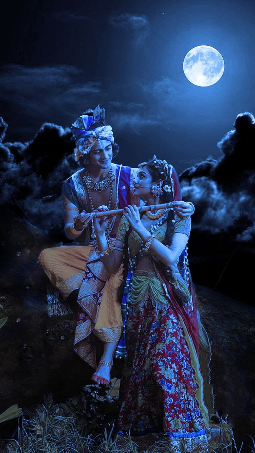 Radha and Krishna Playing Flute Together Under Full Moon Night Sky HD phone wallpaper
