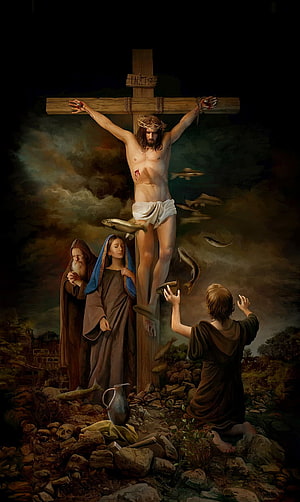 Jesus Christ Crucifixion with Mary and John in Dramatic Religious Painting HD phone wallpaper