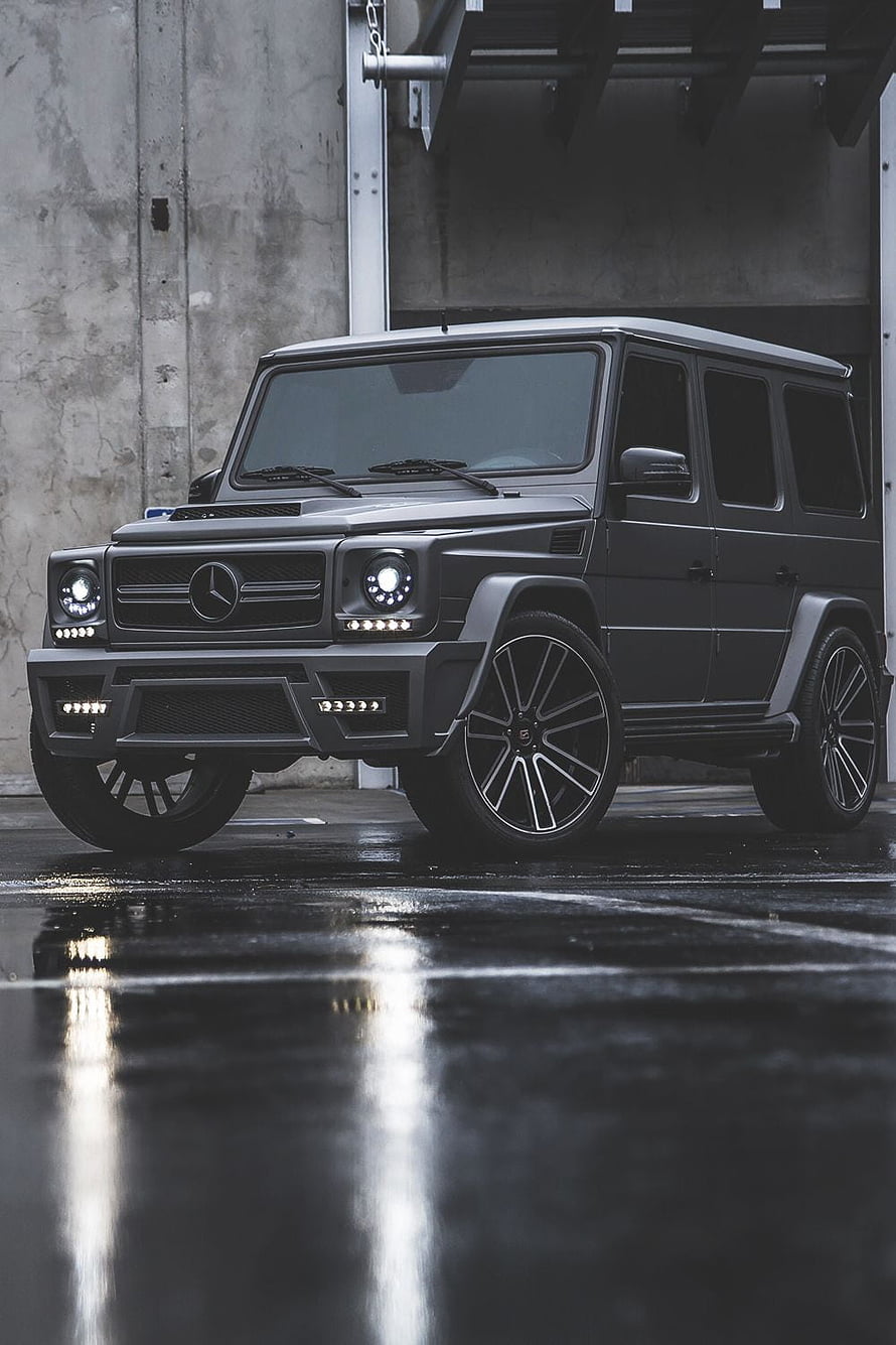 Matte Black Mercedes-Benz G-Class SUV with Custom LED Lights and Alloy Wheels HD phone wallpaper
