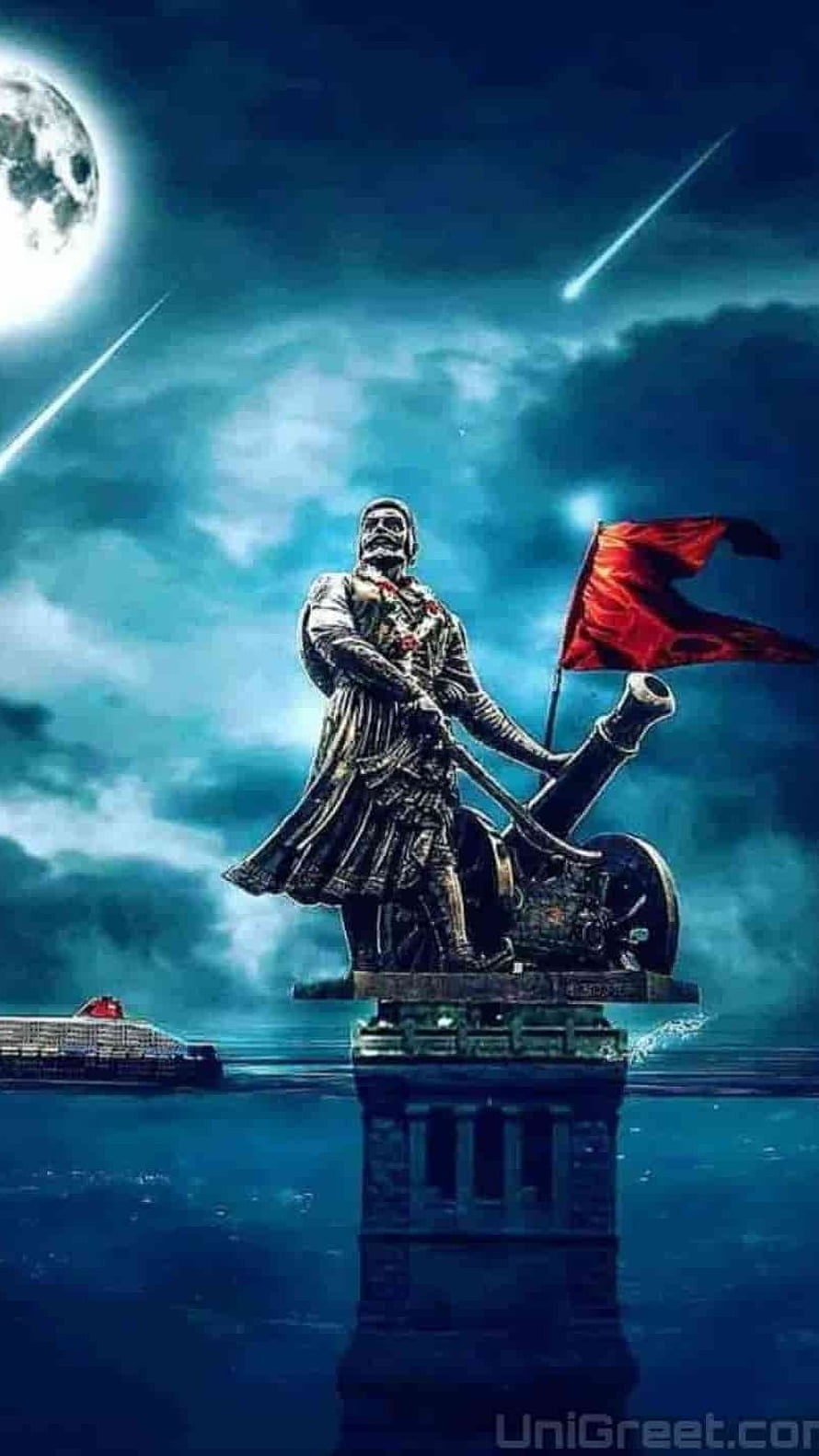 Shivaji Maharaj Statue with Red Flag and Cannon Under a Moonlit Sky HD phone wallpaper