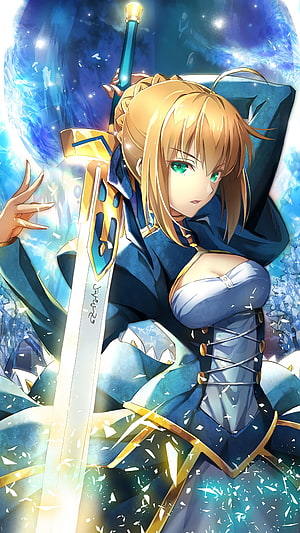 Artoria Pendragon from Fate Series Wielding Excalibur in Blue Knight Armor HD phone wallpaper